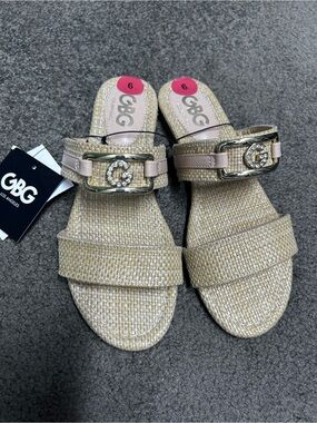 GBG LA Gold-Tan Woven Slide Sandals with Crystal G Buckle